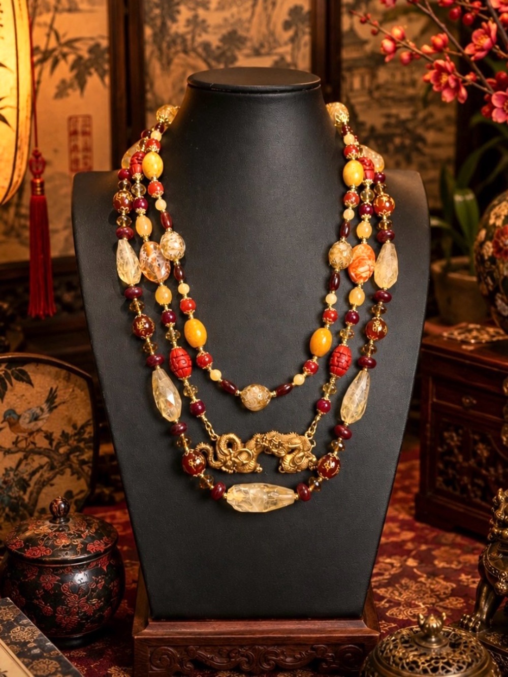 SOLD-ARTISAN Ruby, Citrine & Carnelian Multi-Strand Alva Museum Pendant Necklace - Picture 1 of 7